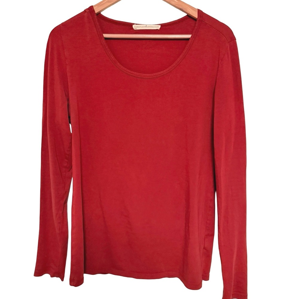 Peruvian Connection Long Sleeve Top Scoop Neck M Red Pima Cotton Holiday Bold